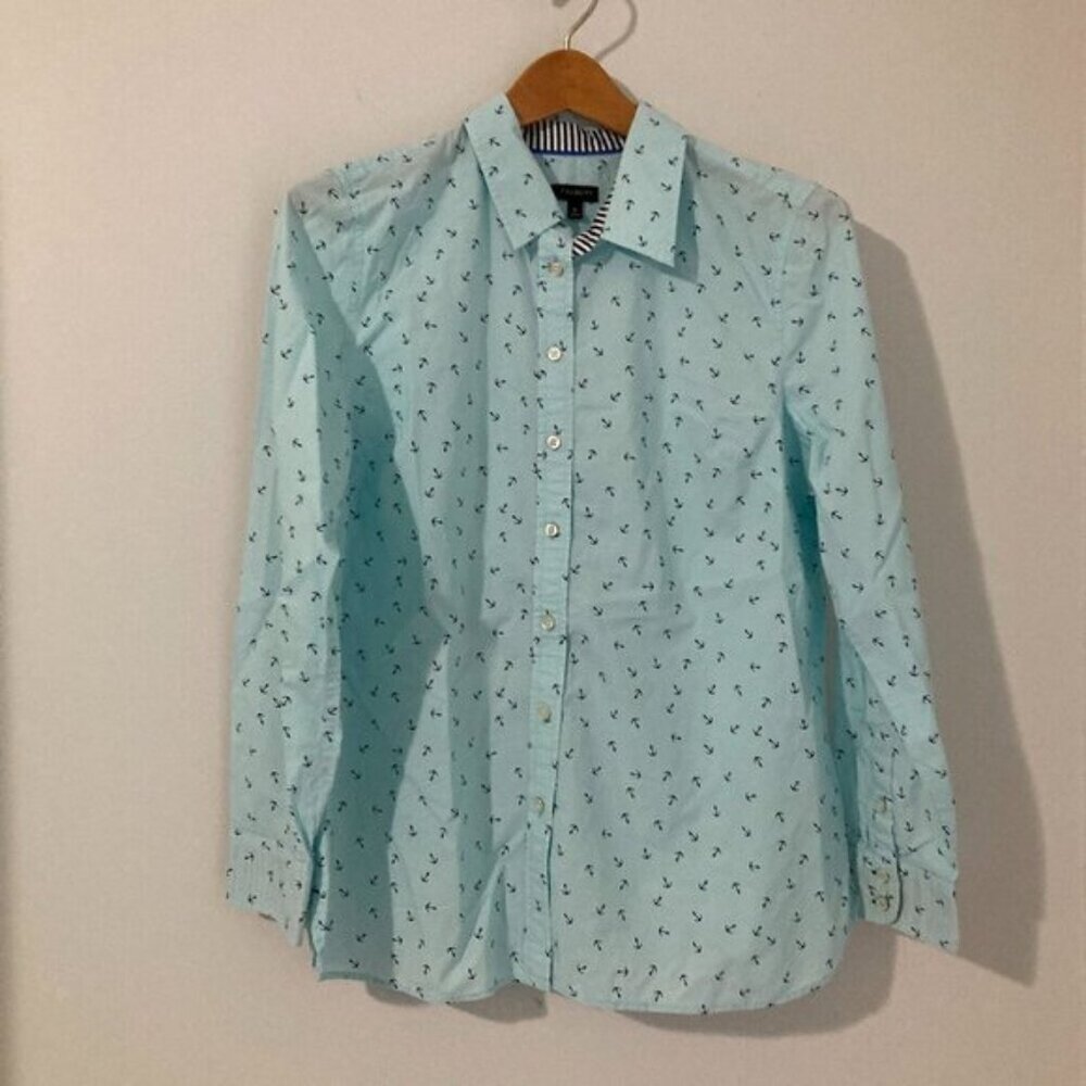 Talbots Women Size M Nautical Preppy Button Down Long Sleeves Blouse Shirt Blue